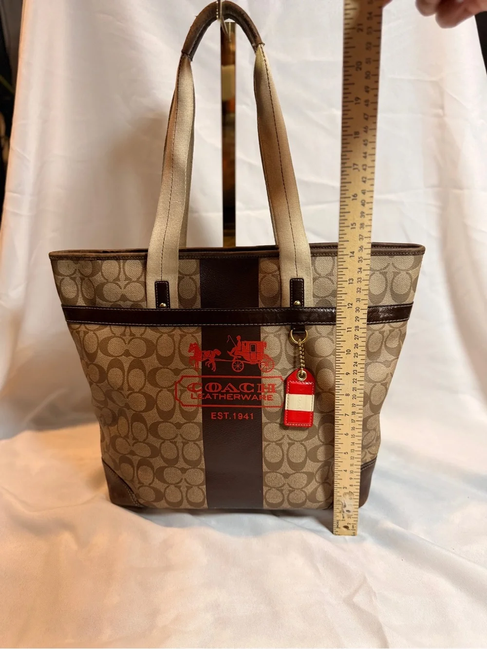 Coach Beige Signature Canvas Tote with Brown Trim and Red Logo